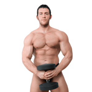 A naked muscular man carrying a dumbbell in front of his crotch