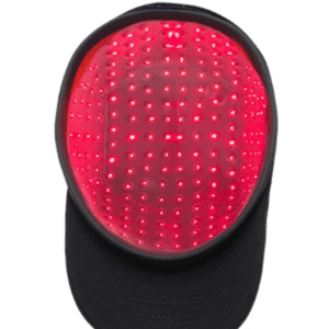 A baseball cap embedded with hundreds of red LED lights.
