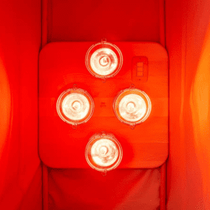 Four red bulbs in a canvas sauna