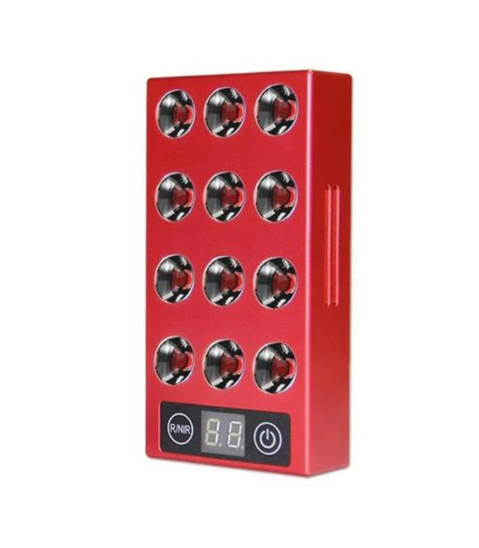 Red rectangular metal device with 12 lights and timer at bottom