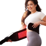 Young woman wrapping a large black belt embedded with hundreds of red lights around her waist