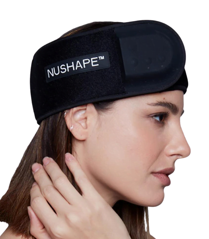Woman touching neck wearing black band on head