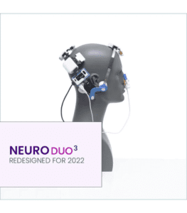 Dummy wearing transcranial and nasal device with sign that says NeuroDuo 3, redesigned for 2022