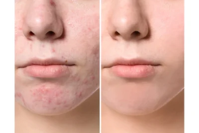 Acne on the chin, before and after therapy