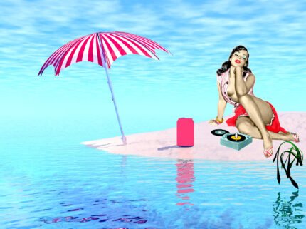 young woman on island with umbrella and drink