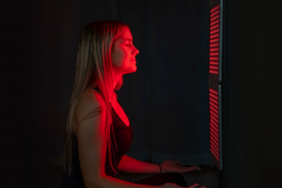 Girl using a red light therapy panel